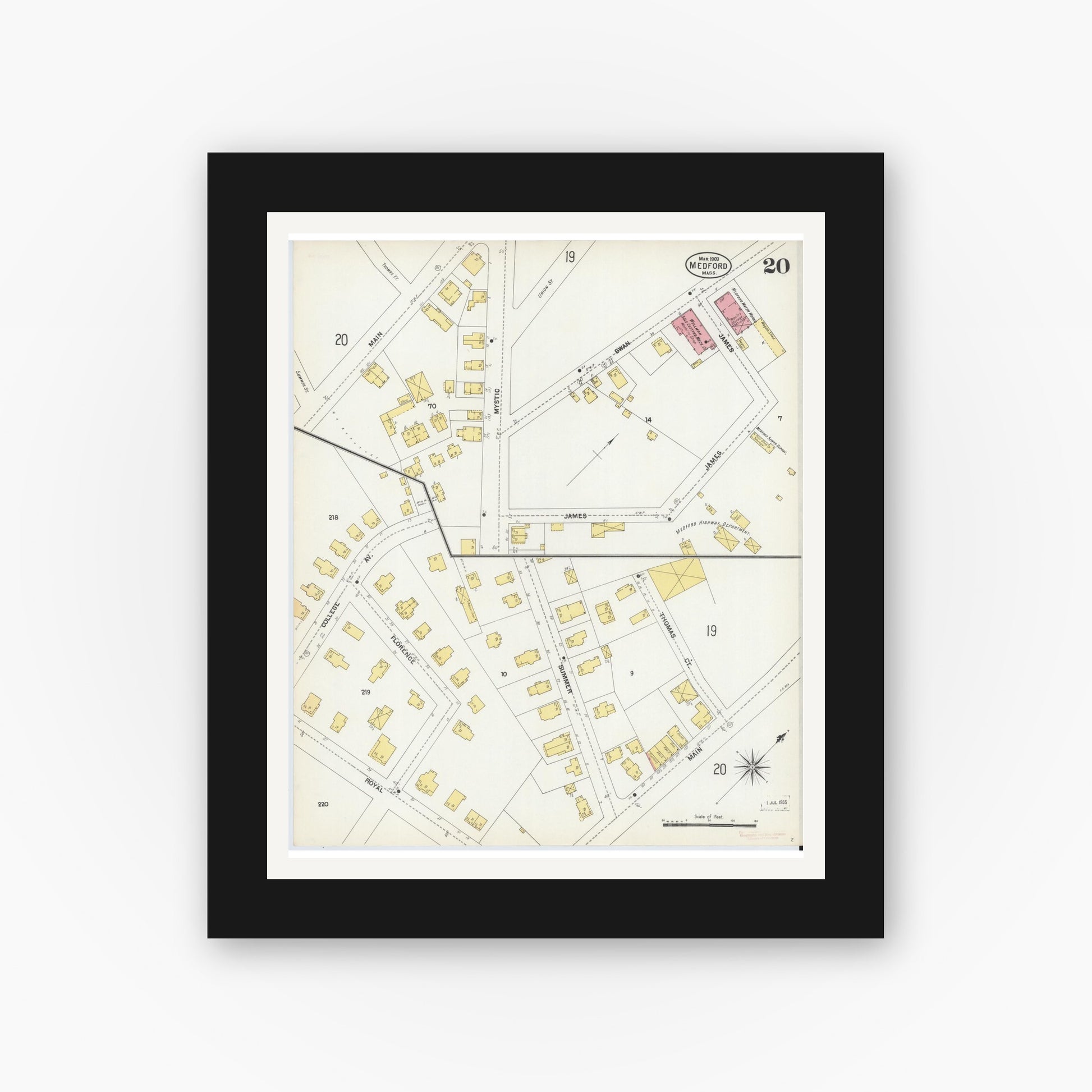 Old map wall art mockup — black gallery frame with white mat — Sanborn Fire Insurance Map from Medford, Middlesex County, Massachusetts (1903), Sheet #0020