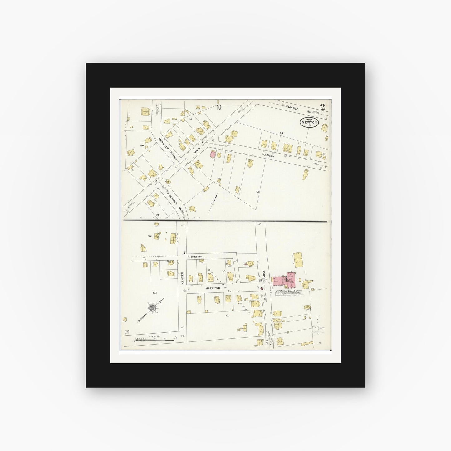 Old map wall art mockup — black gallery frame with white mat — Sanborn Fire Insurance Map from Newton, Sussex County, New Jersey (1911), Sheet #0002