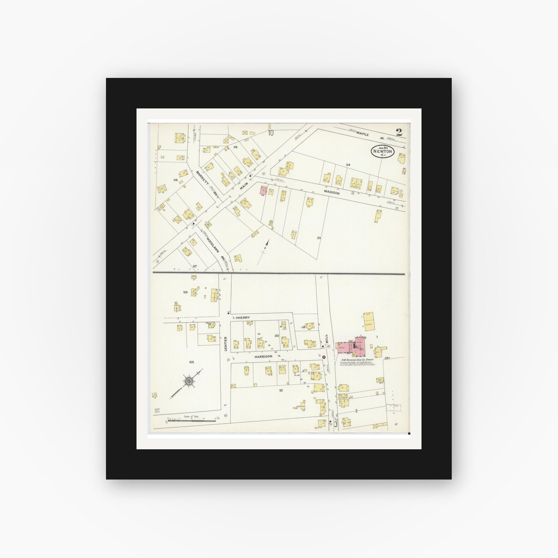 Old map wall art mockup — black gallery frame with white mat — Sanborn Fire Insurance Map from Newton, Sussex County, New Jersey (1911), Sheet #0002