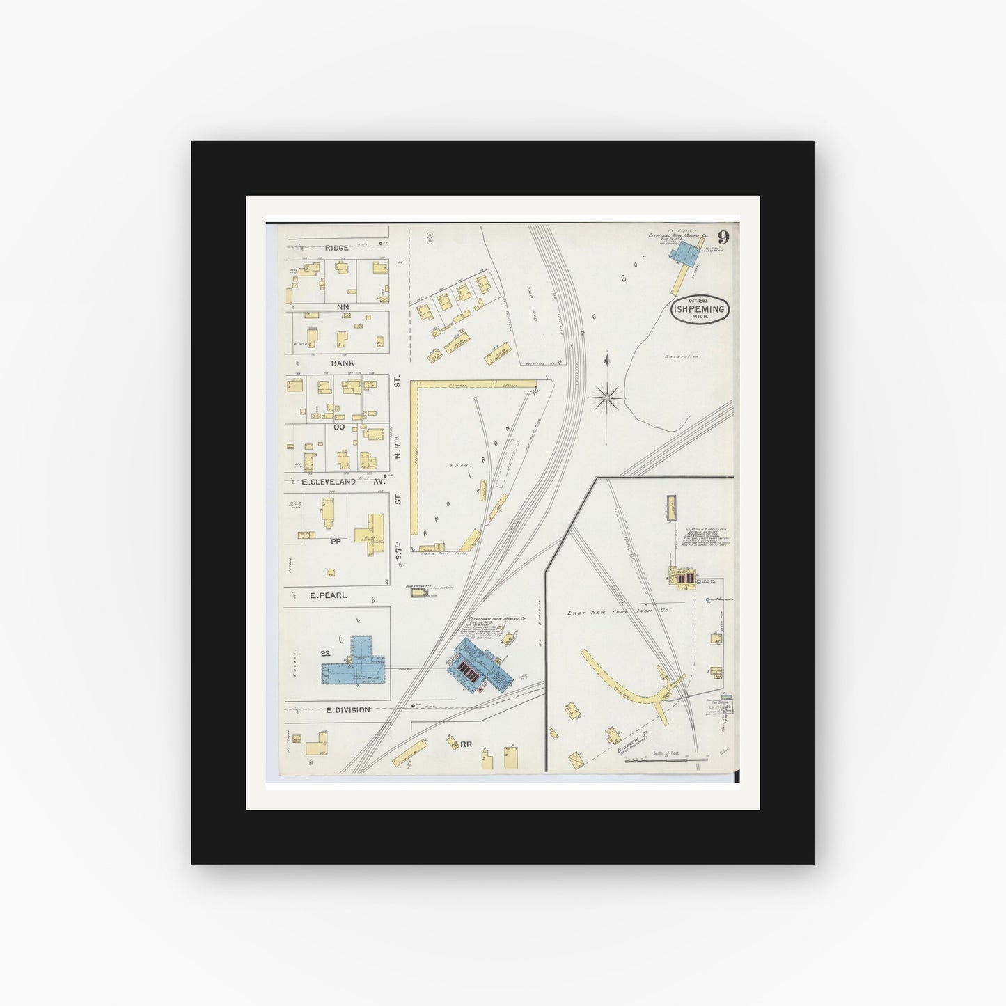 Old map wall art mockup — black gallery frame with white mat — Sanborn Fire Insurance Map from Ishpeming, Marquette County, Michigan (1892), Sheet #0009