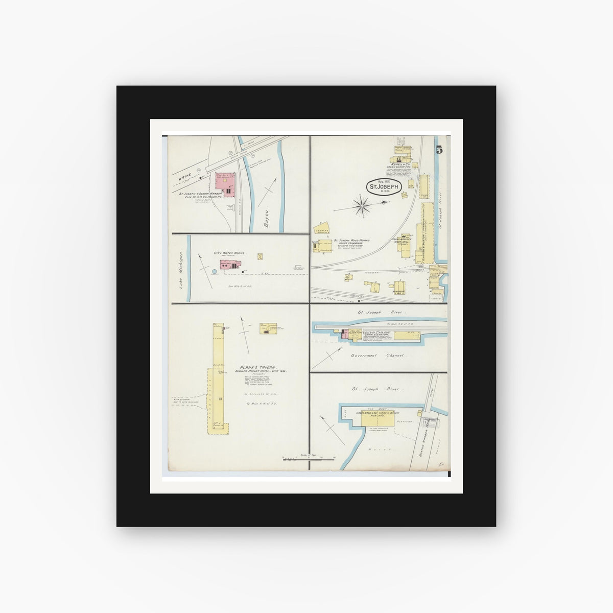 Old map wall art mockup — black gallery frame with white mat — Sanborn Fire Insurance Map from Saint Joseph, Berrien County, Michigan (1892), Sheet #0005