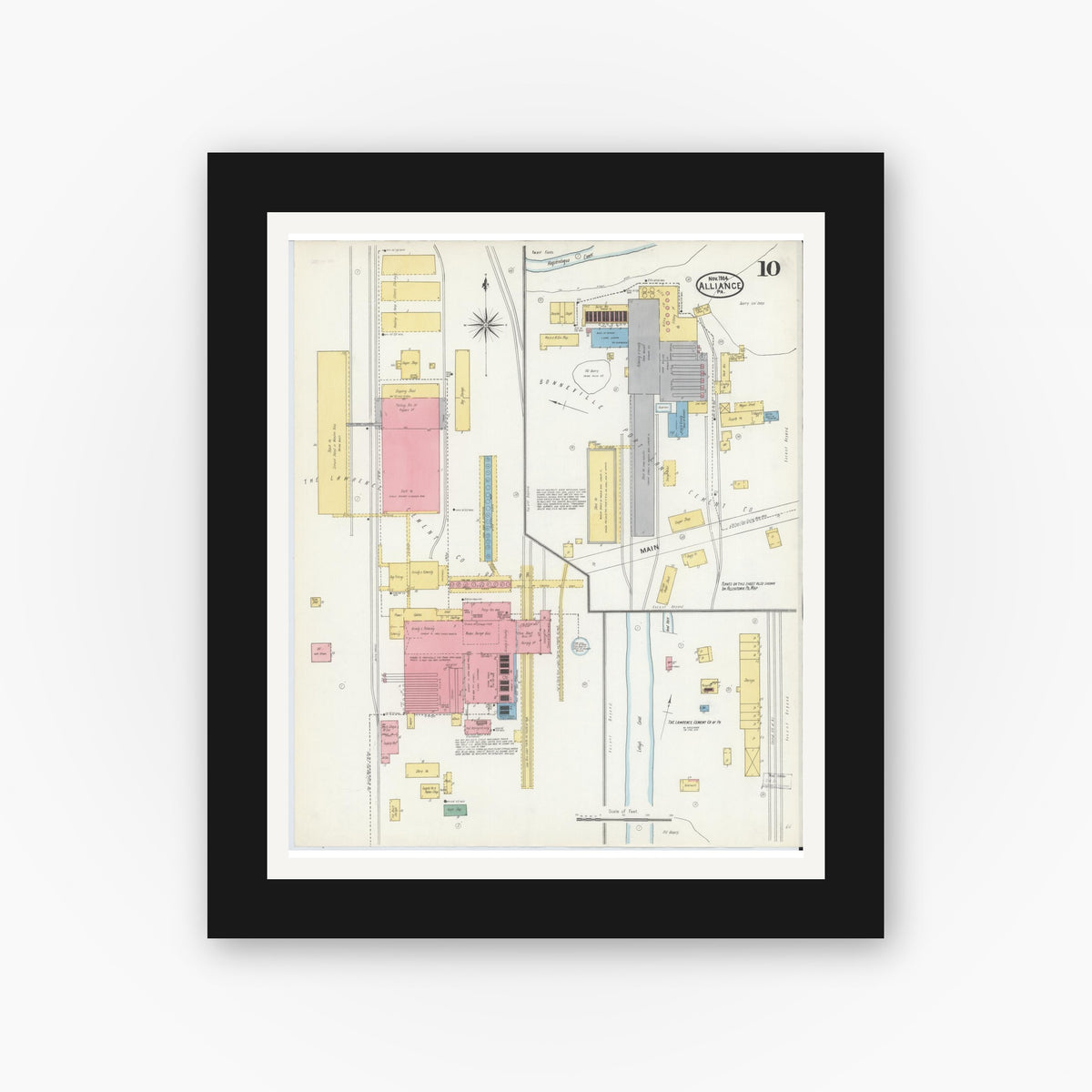 Old map wall art mockup — black gallery frame with white mat — Sanborn Fire Insurance Map from Alliance, Northampton County, Pennsylvania (1904), Sheet #0010