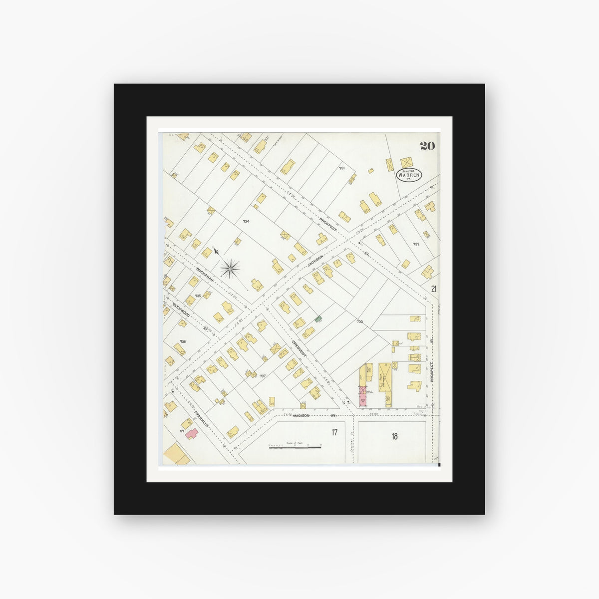 Old map wall art mockup — black gallery frame with white mat — Sanborn Fire Insurance Map from Warren, Warren County, Pennsylvania (1904), Sheet #0020