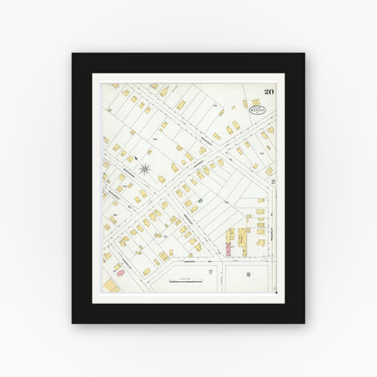 Old map wall art mockup — black gallery frame with white mat — Sanborn Fire Insurance Map from Warren, Warren County, Pennsylvania (1904), Sheet #0020