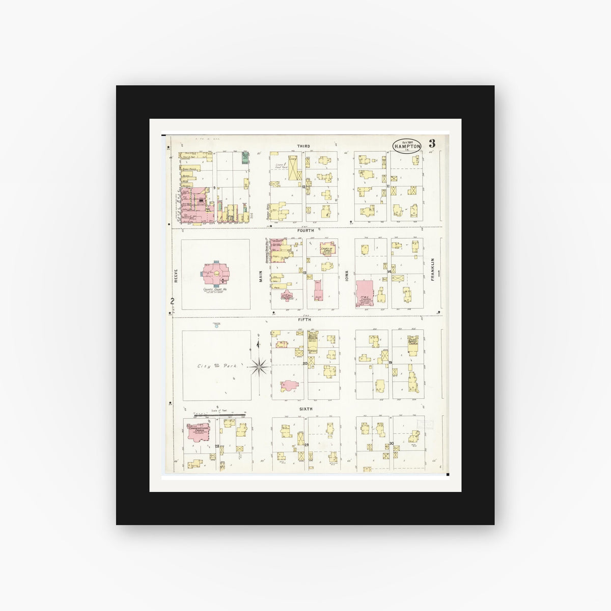 Old map wall art mockup — black gallery frame with white mat — Sanborn Fire Insurance Map from Hampton, Franklin County, Iowa (1897), Sheet #0003