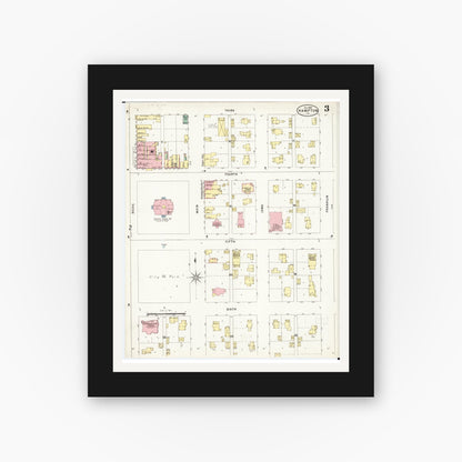 Old map wall art mockup — black gallery frame with white mat — Sanborn Fire Insurance Map from Hampton, Franklin County, Iowa (1897), Sheet #0003