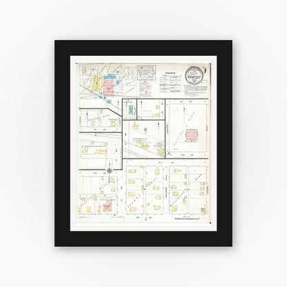 Old map wall art mockup — black gallery frame with white mat — Sanborn Fire Insurance Map from Hartley, O'Brien County, Iowa (1914), Sheet #0001