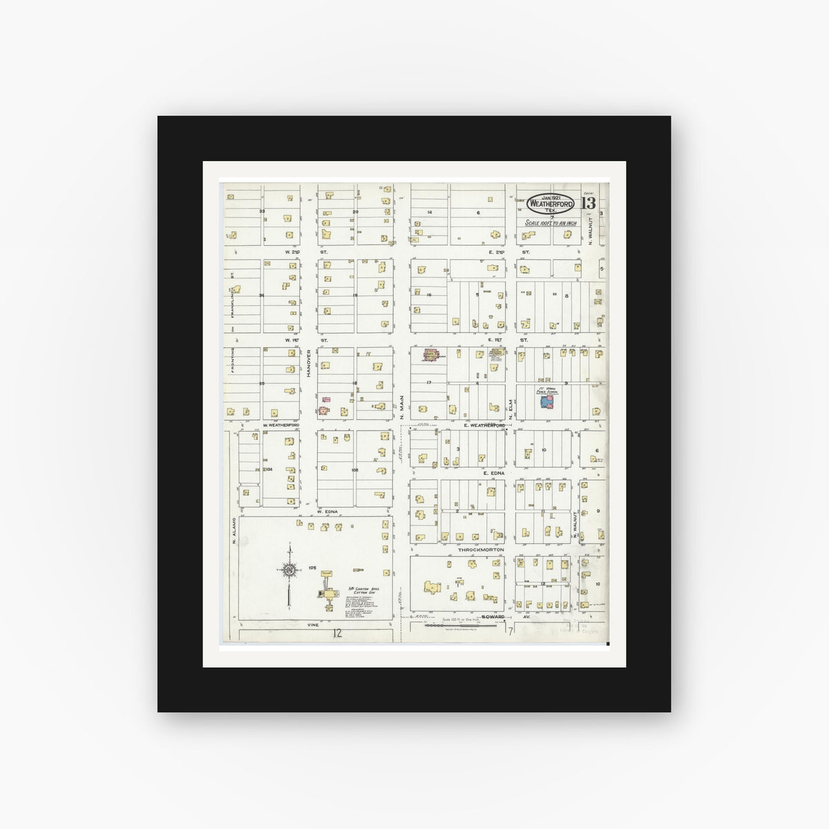 Old map wall art mockup — black gallery frame with white mat — Sanborn Fire Insurance Map from Weatherford, Parker County, Texas (1921), Sheet #0013