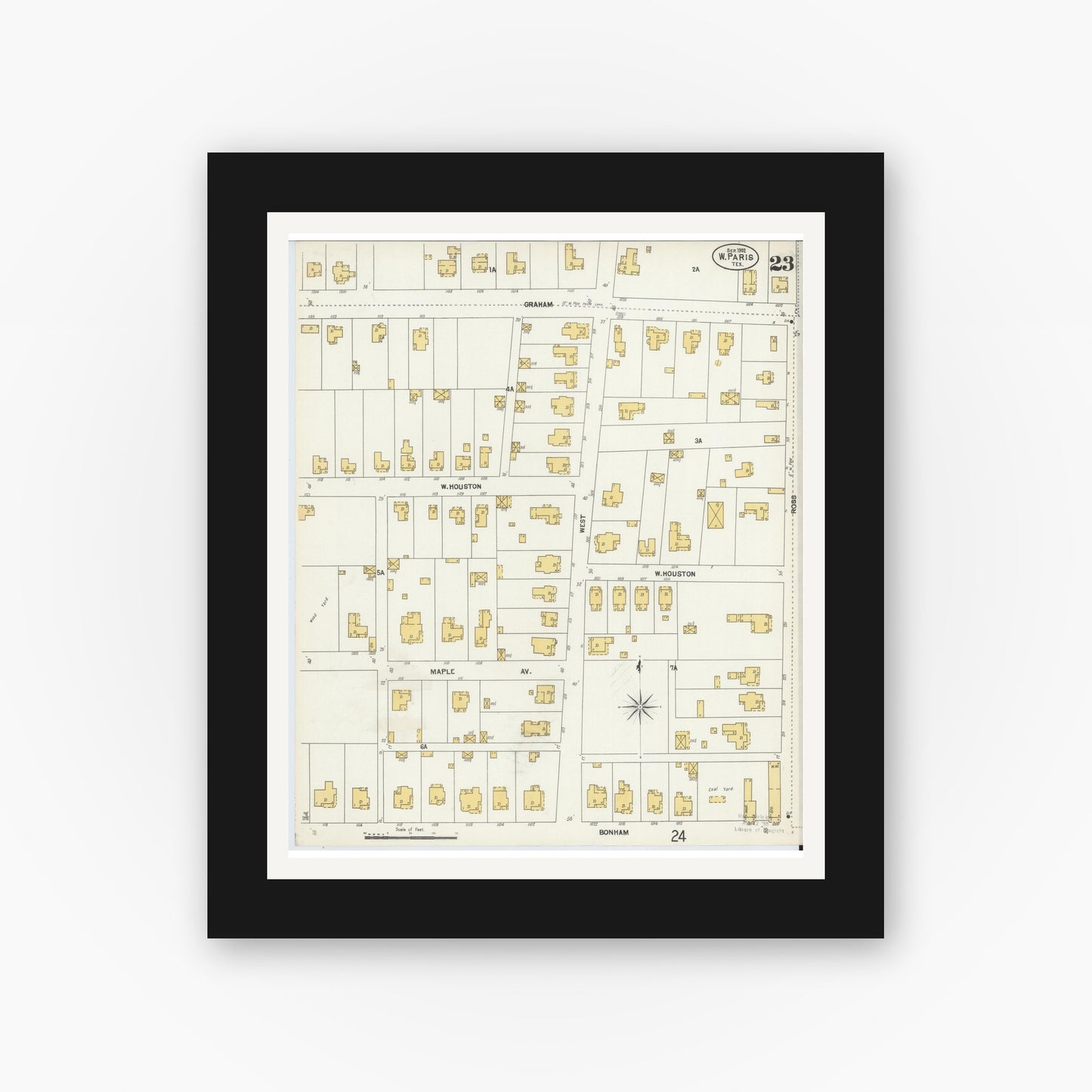 Old map wall art mockup — black gallery frame with white mat — Sanborn Fire Insurance Map from Paris, Lamar County, Texas (1902), Sheet #0023