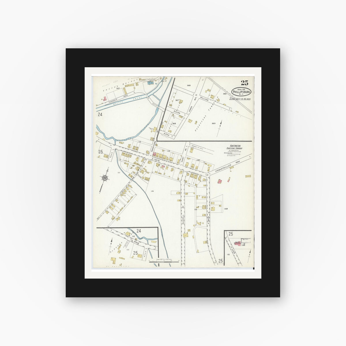 Old map wall art mockup — black gallery frame with white mat — Sanborn Fire Insurance Map from Phillipsburg, Warren County, New Jersey (1916), Sheet #0025
