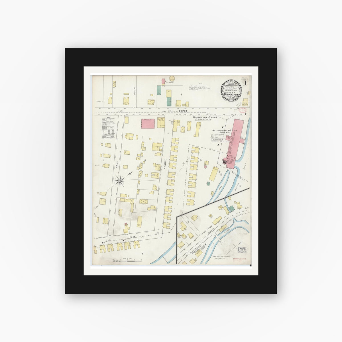 Old map wall art mockup — black gallery frame with white mat — Sanborn Fire Insurance Map from Williamstown, Berkshire County, Massachusetts (1895) - Complete Map Set