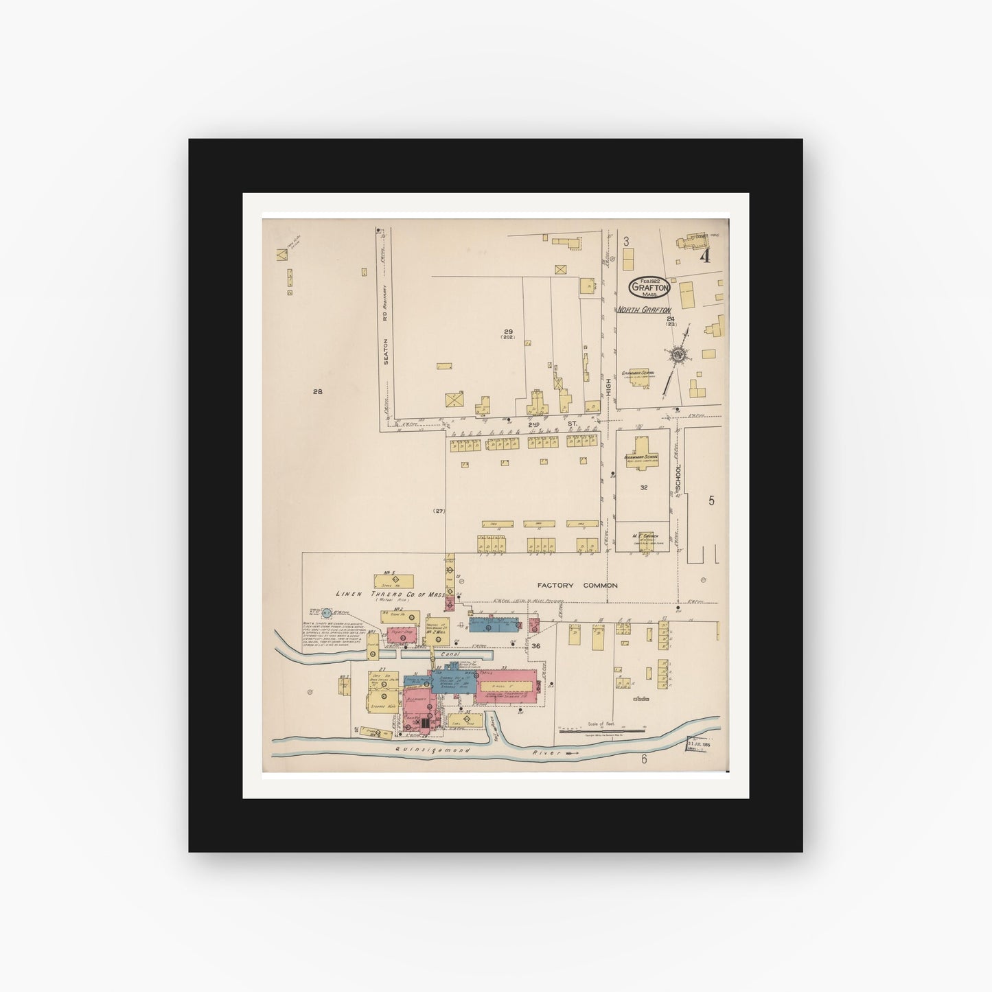 Old map wall art mockup — black gallery frame with white mat — Sanborn Fire Insurance Map from Grafton, Worcester County, Massachusetts (1922), Sheet #0004