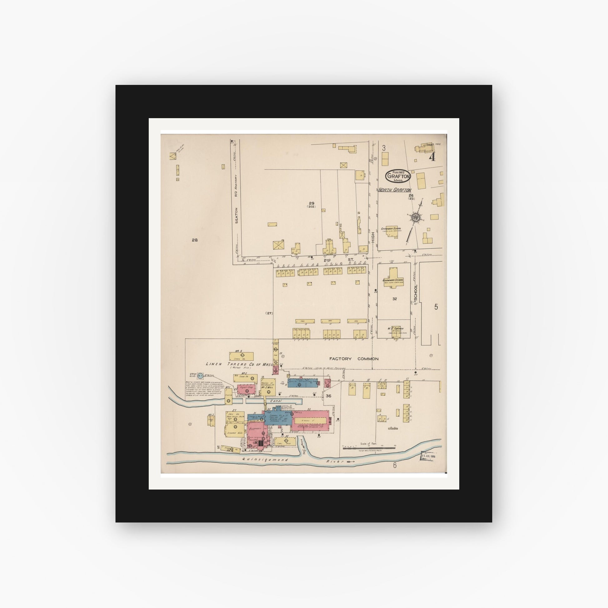 Old map wall art mockup — black gallery frame with white mat — Sanborn Fire Insurance Map from Grafton, Worcester County, Massachusetts (1922), Sheet #0004