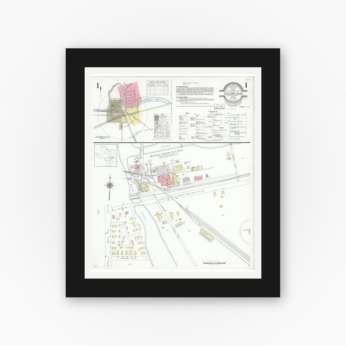 Old map wall art mockup — black gallery frame with white mat — Sanborn Fire Insurance Map from Sugarland, Fort Bend County, Texas (1940) - Complete Map Set