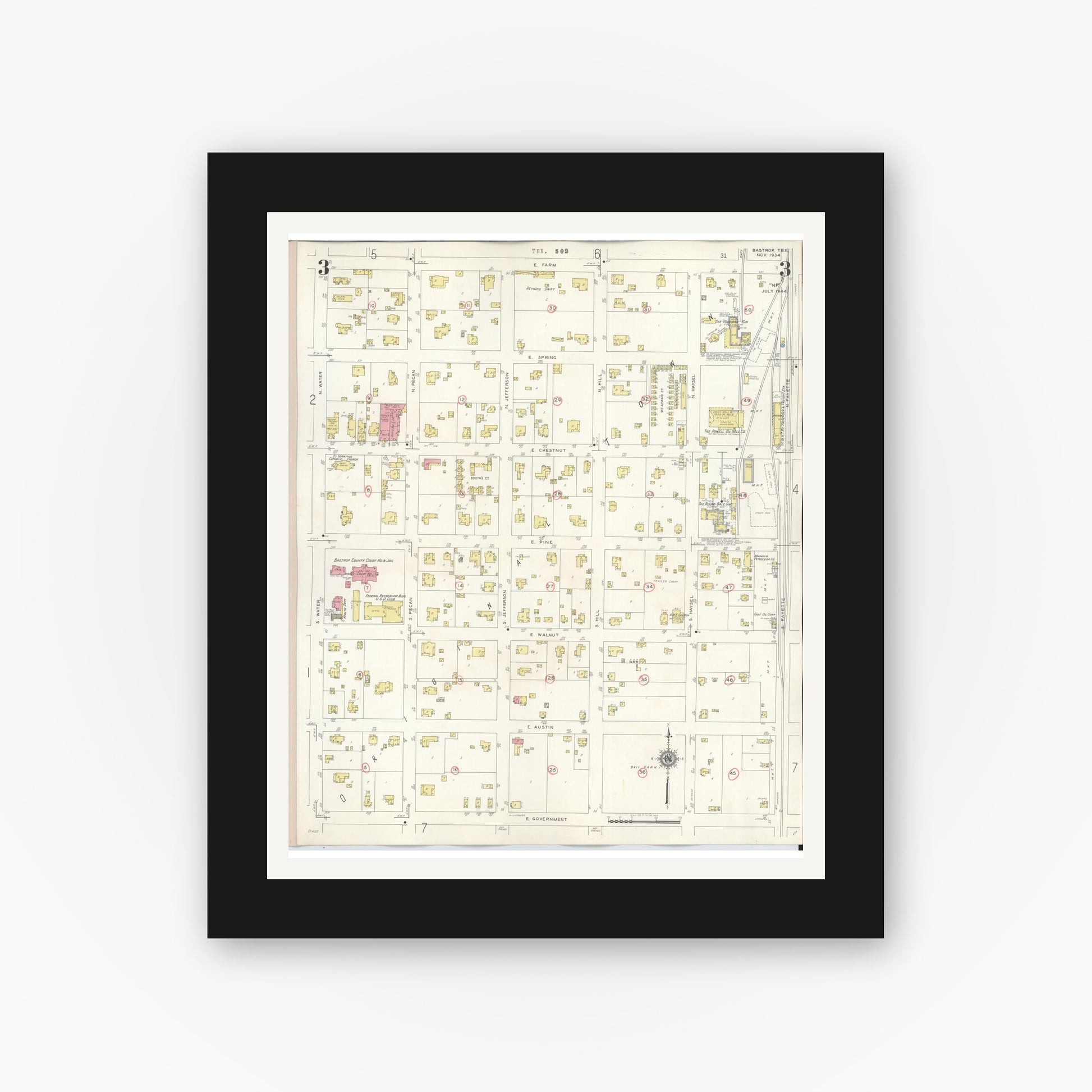 Old map wall art mockup — black gallery frame with white mat — Sanborn Fire Insurance Map from Bastrop, Bastrop County, Texas (1944), Sheet #0003