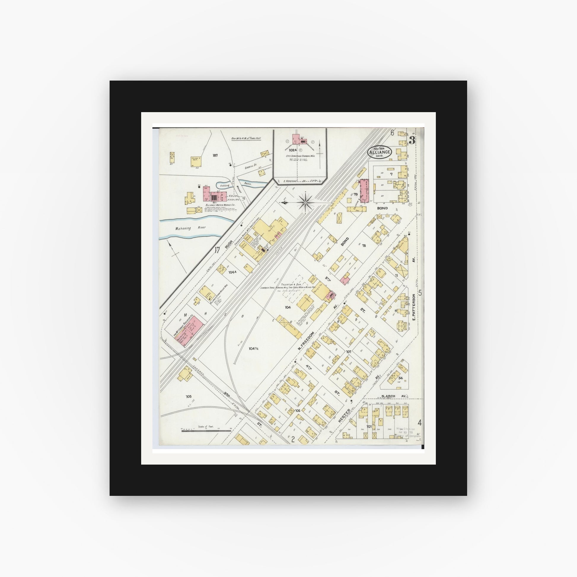 Old map wall art mockup — black gallery frame with white mat — Sanborn Fire Insurance Map from Alliance, Stark County, Ohio (1904), Sheet #0003