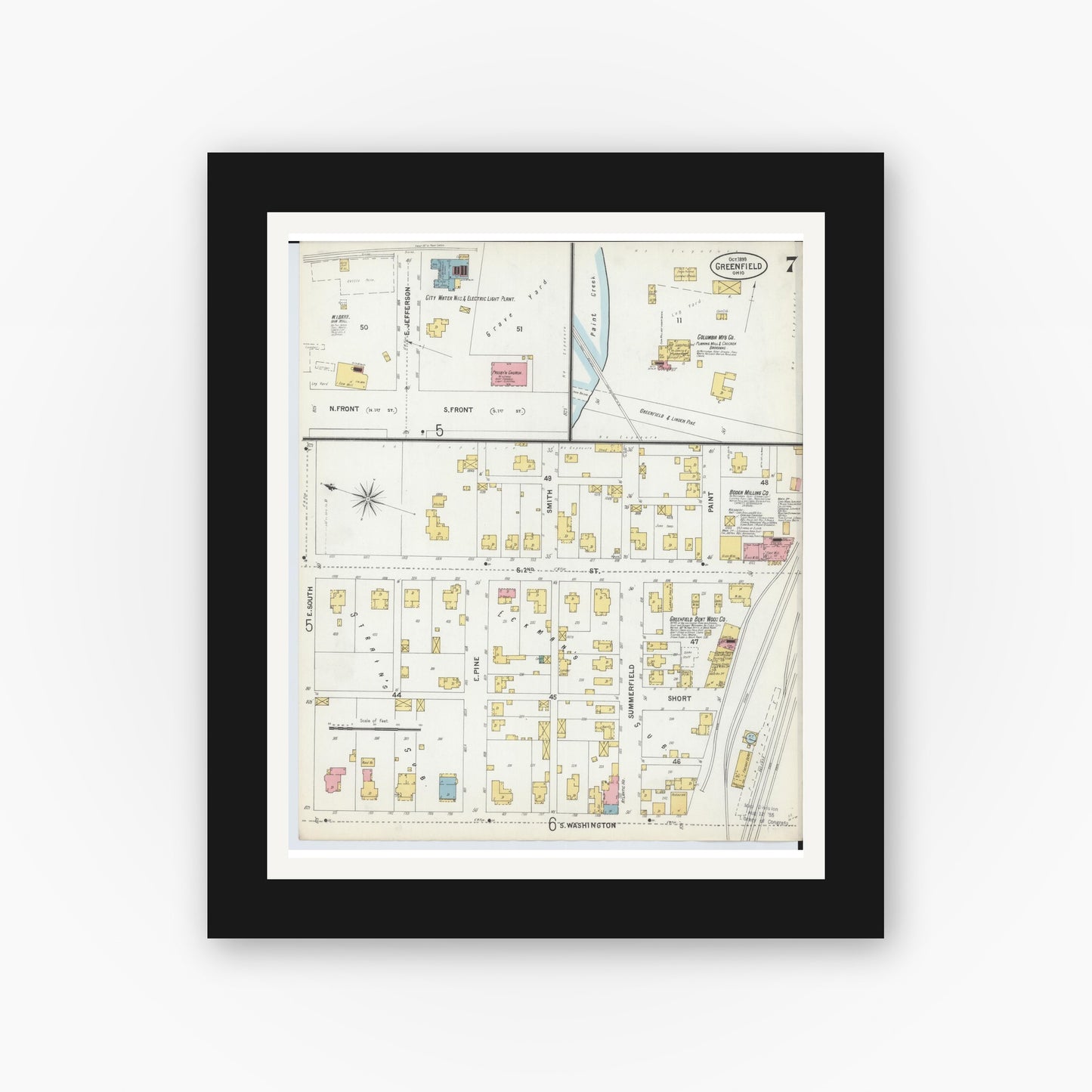 Old map wall art mockup — black gallery frame with white mat — Sanborn Fire Insurance Map from Greenfield, Highland County, Ohio (1899), Sheet #0007