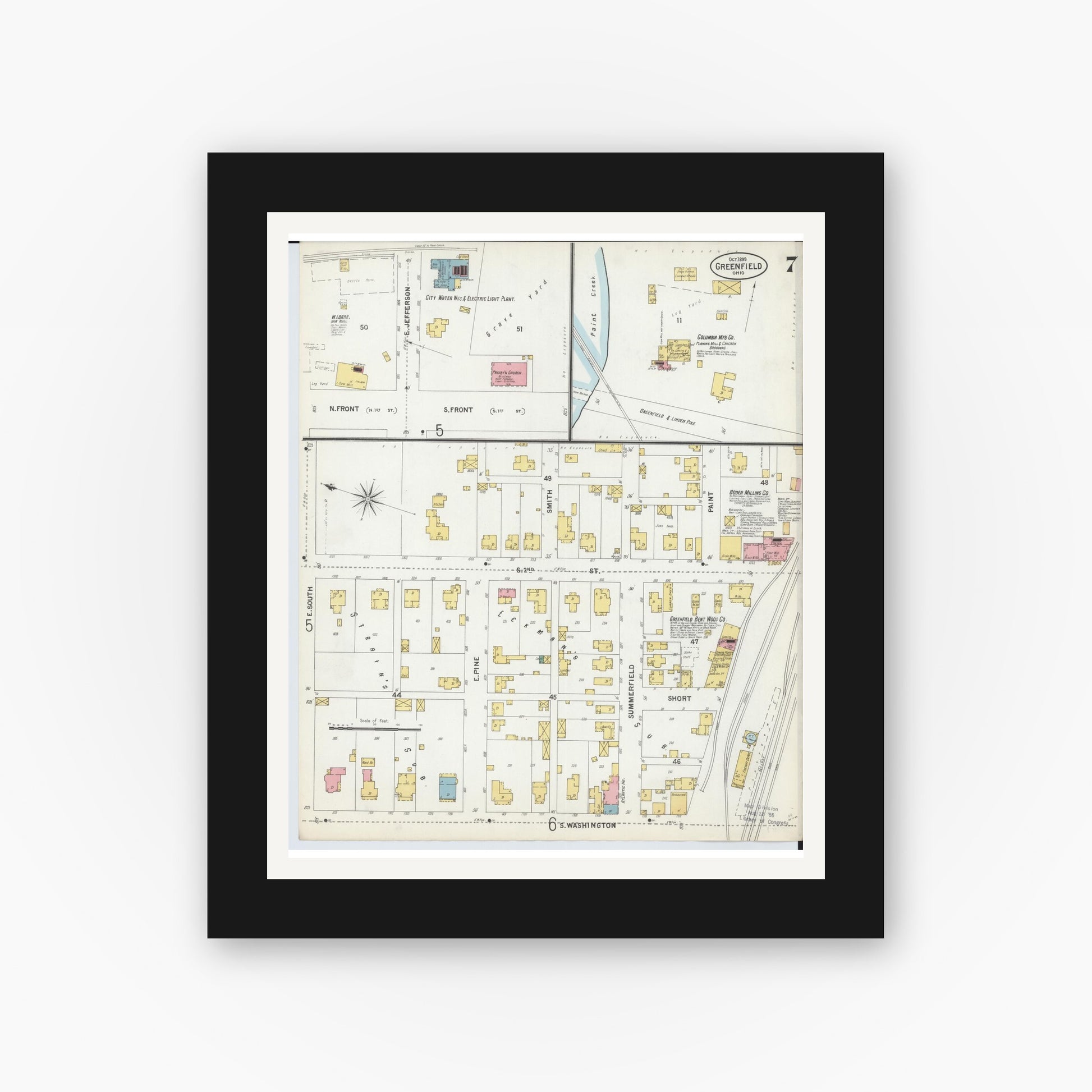Old map wall art mockup — black gallery frame with white mat — Sanborn Fire Insurance Map from Greenfield, Highland County, Ohio (1899), Sheet #0007