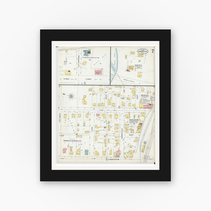 Old map wall art mockup — black gallery frame with white mat — Sanborn Fire Insurance Map from Greenfield, Highland County, Ohio (1899), Sheet #0007