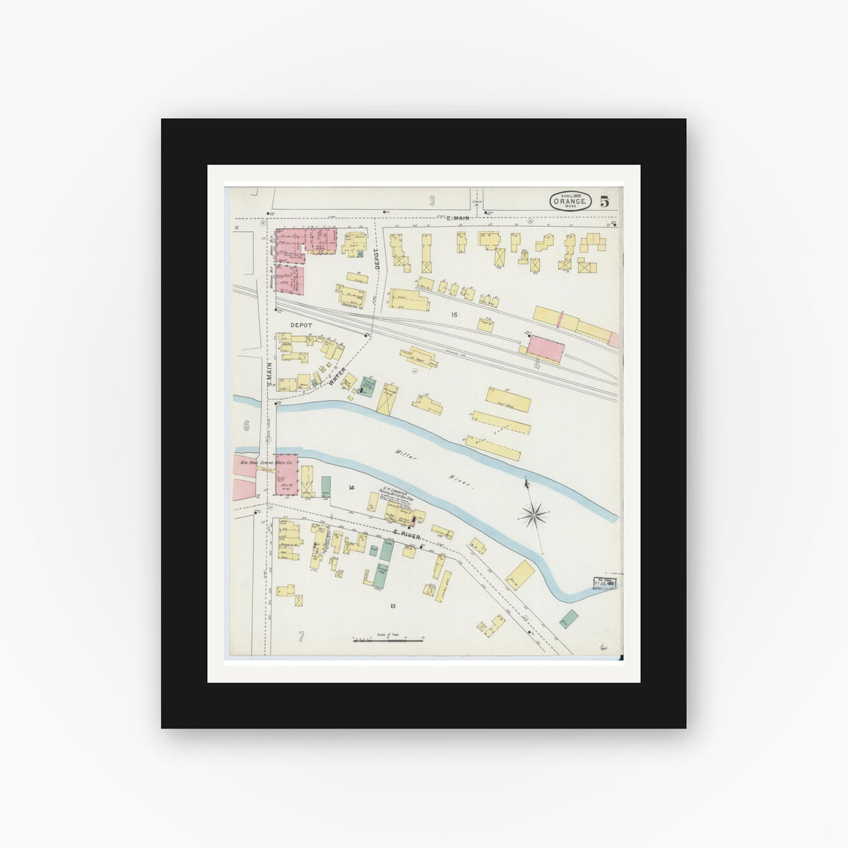 Old map wall art mockup — black gallery frame with white mat — Sanborn Fire Insurance Map from Orange, Franklin County, Massachusetts (1895), Sheet #0005