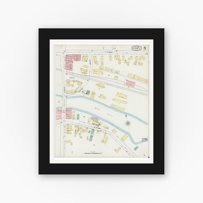 Old map wall art mockup — black gallery frame with white mat — Sanborn Fire Insurance Map from Orange, Franklin County, Massachusetts (1895), Sheet #0005