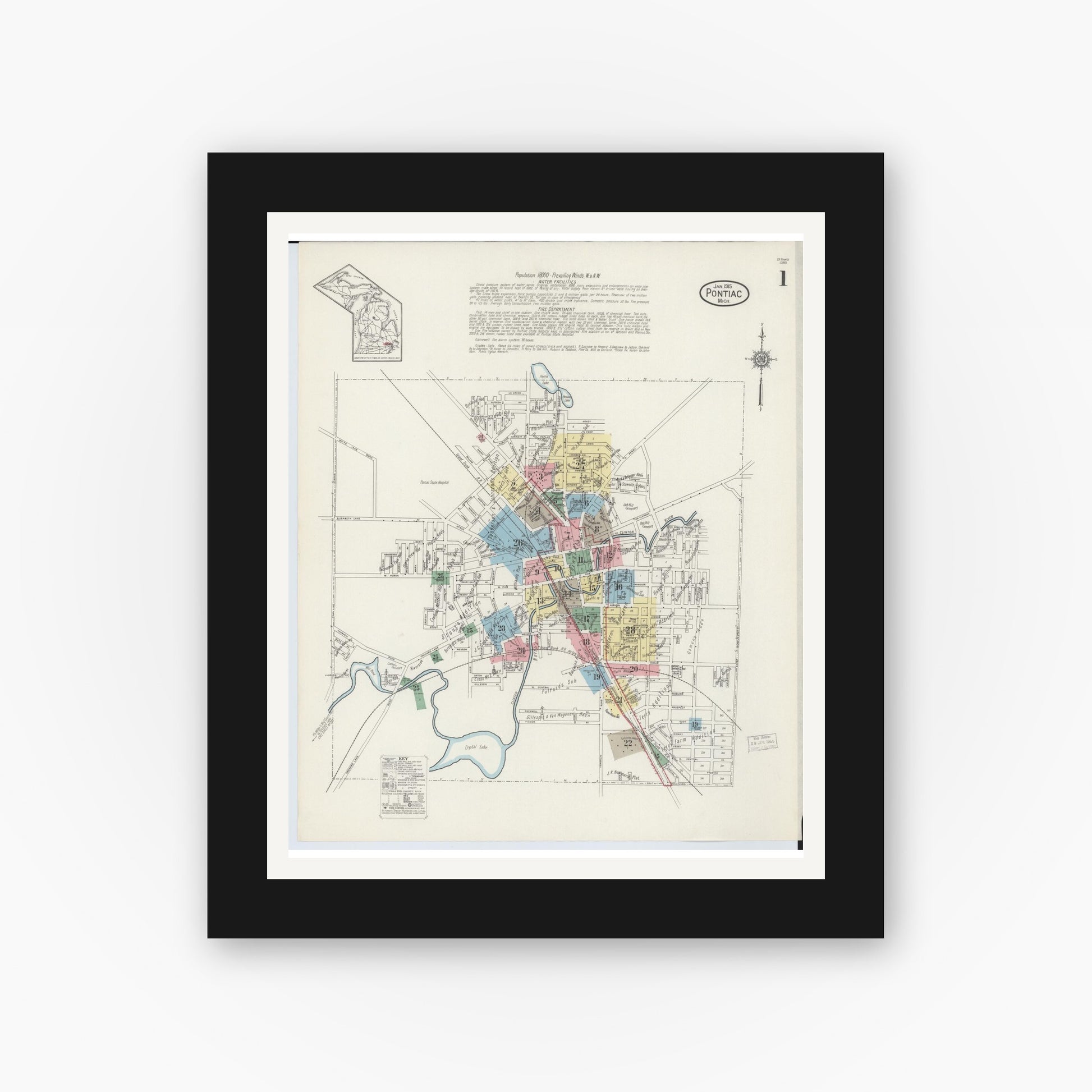 Old map wall art mockup — black gallery frame with white mat — Sanborn Fire Insurance Map from Pontiac, Oakland County, Michigan (1915) - Complete Map Set