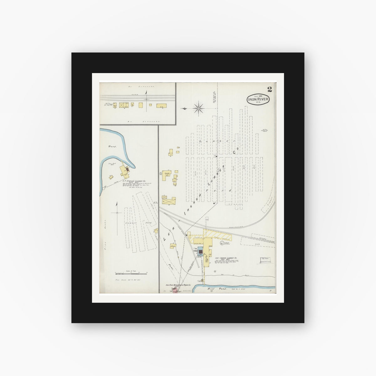 Old map wall art mockup — black gallery frame with white mat — Sanborn Fire Insurance Map from Iron River, Bayfield County, Wisconsin (1893), Sheet #0002