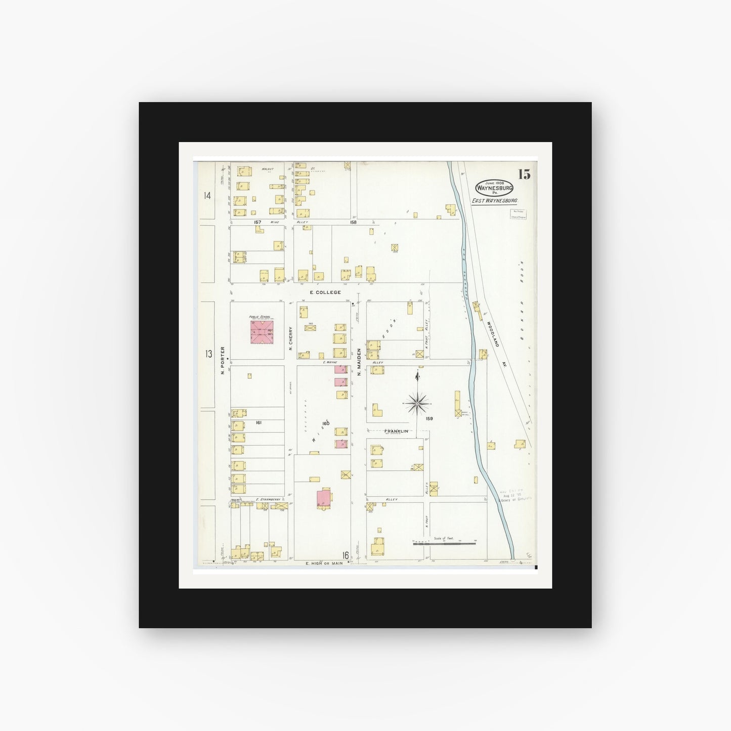 Old map wall art mockup — black gallery frame with white mat — Sanborn Fire Insurance Map from Waynesburg, Greene County, Pennsylvania (1908), Sheet #0015