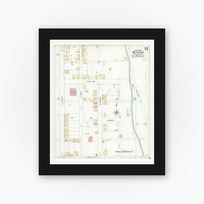 Old map wall art mockup — black gallery frame with white mat — Sanborn Fire Insurance Map from Waynesburg, Greene County, Pennsylvania (1908), Sheet #0015