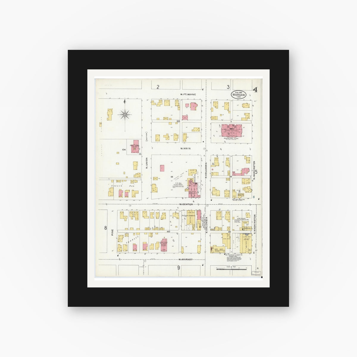 Old map wall art mockup — black gallery frame with white mat — Sanborn Fire Insurance Map from Warsaw, Kosciusko County, Indiana (1905), Sheet #0004