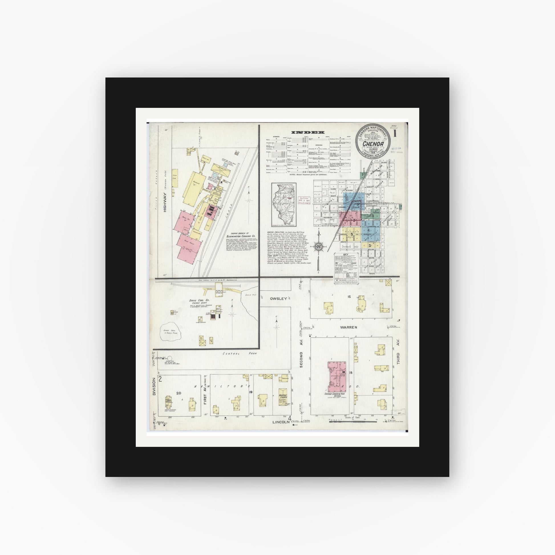 Old map wall art mockup — black gallery frame with white mat — Sanborn Fire Insurance Map from Chenoa, McLean County, Illinois (1914), Sheet #0001