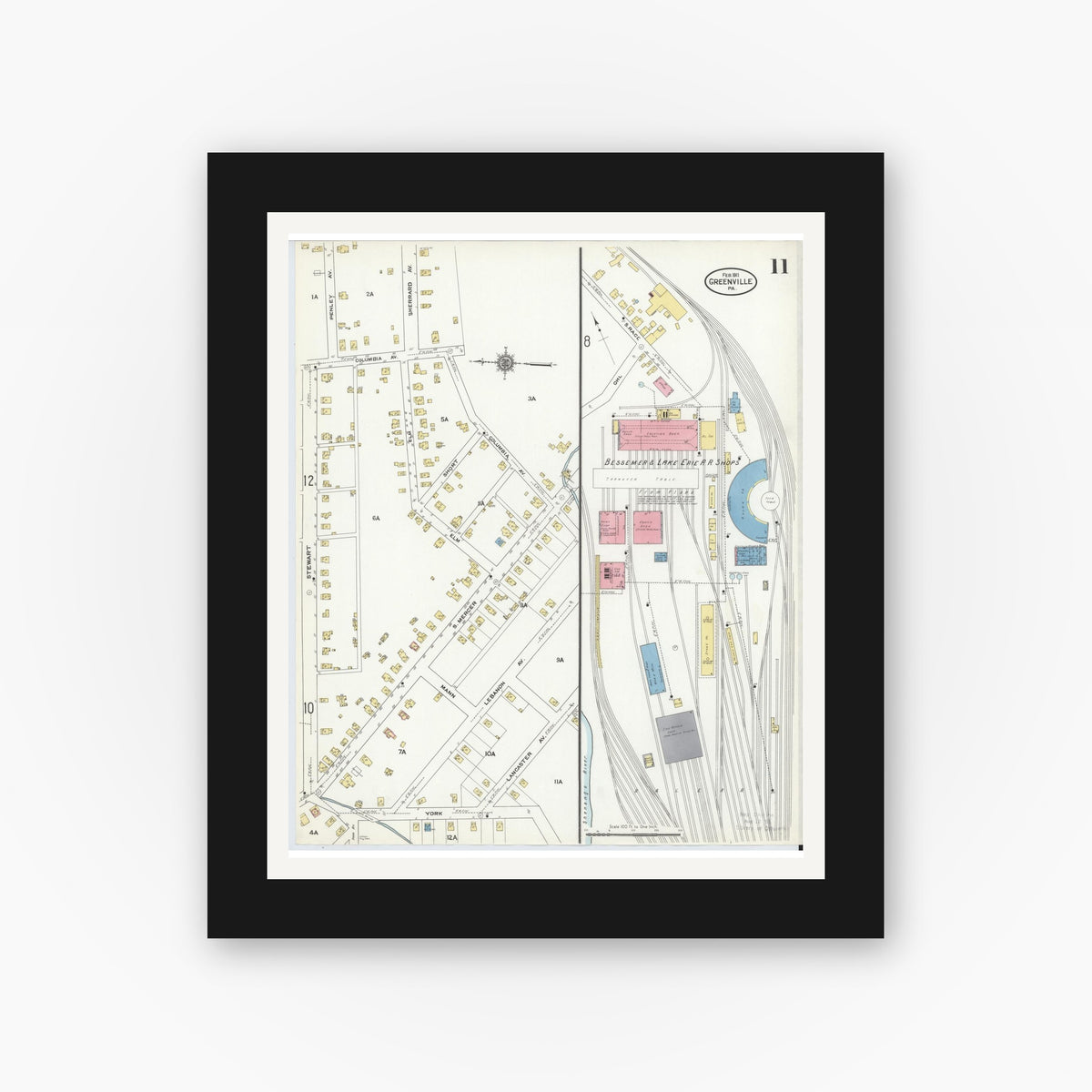 Old map wall art mockup — black gallery frame with white mat — Sanborn Fire Insurance Map from Greenville, Mercer County, Pennsylvania (1911), Sheet #0011