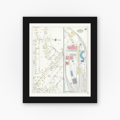 Old map wall art mockup — black gallery frame with white mat — Sanborn Fire Insurance Map from Greenville, Mercer County, Pennsylvania (1911), Sheet #0011