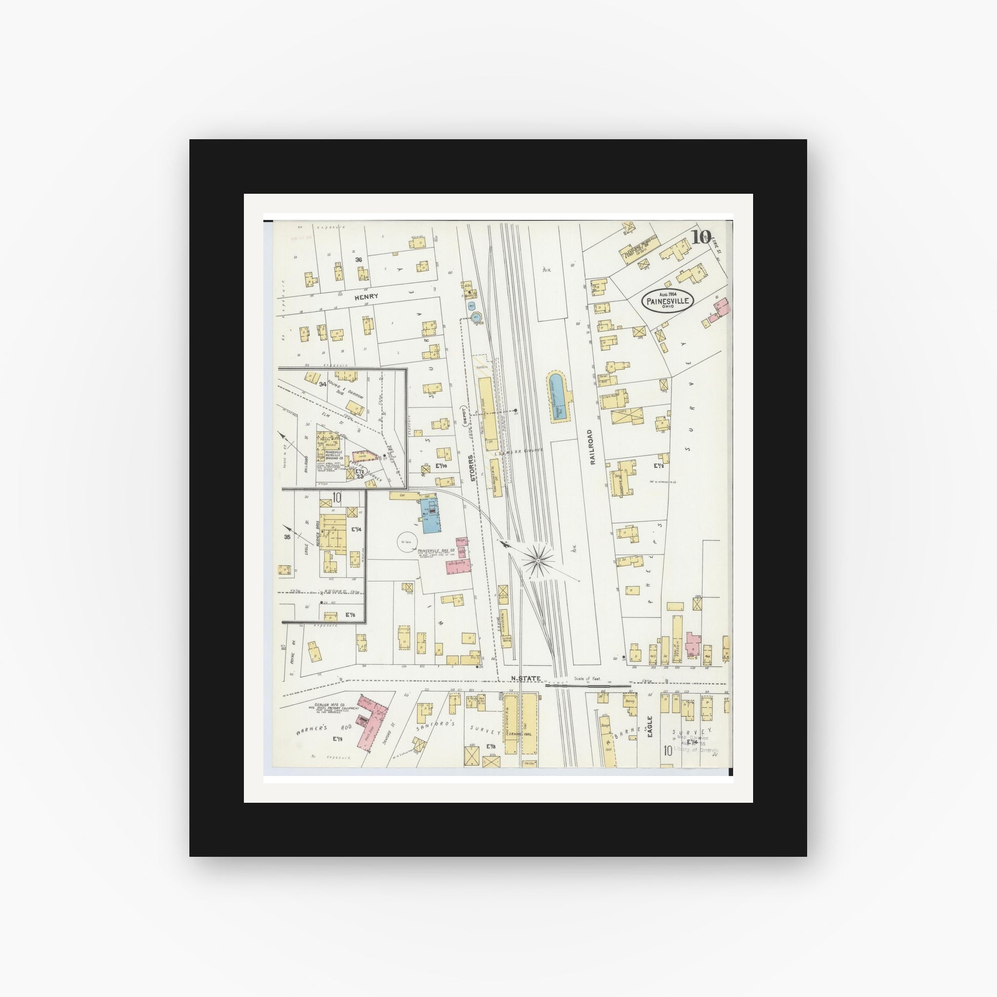 Old map wall art mockup — black gallery frame with white mat — Sanborn Fire Insurance Map from Painesville, Lake County, Ohio (1904), Sheet #0010