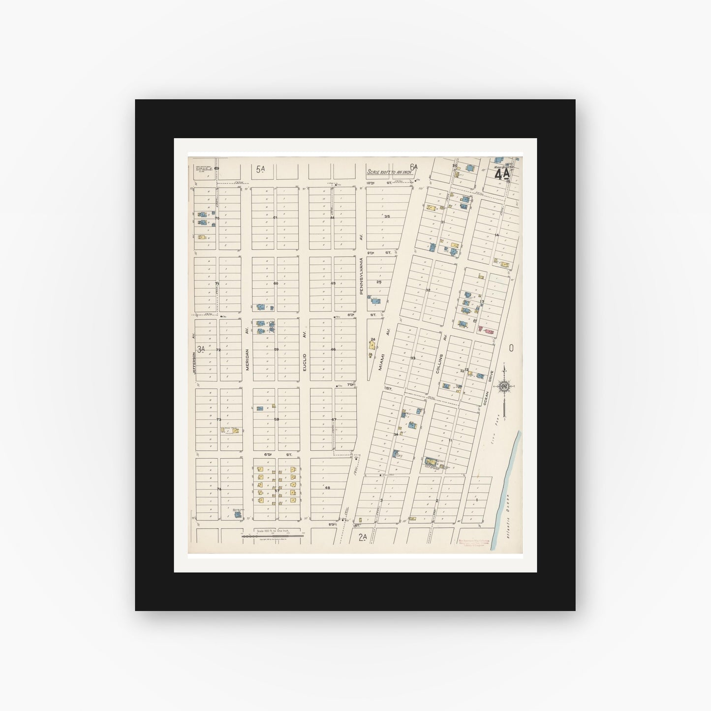 Old map wall art mockup — black gallery frame with white mat — Sanborn Fire Insurance Map from Miami Beach, Dade County, Florida (1921), Sheet #0004