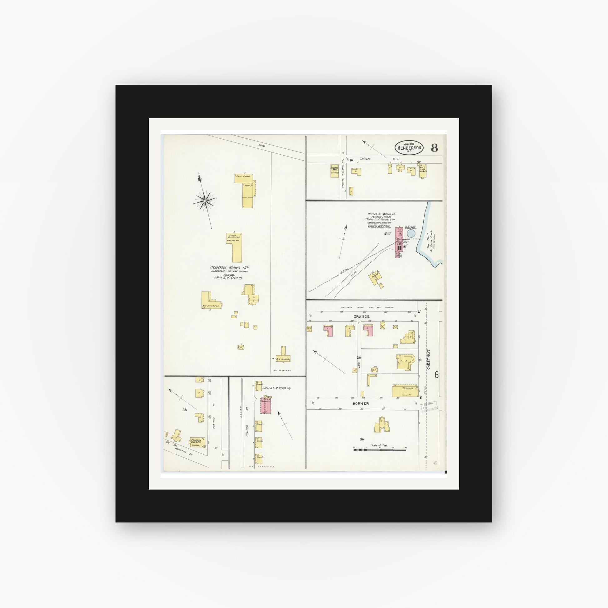 Old map wall art mockup — black gallery frame with white mat — Sanborn Fire Insurance Map from Henderson, Vance County, North Carolina (1907), Sheet #0008