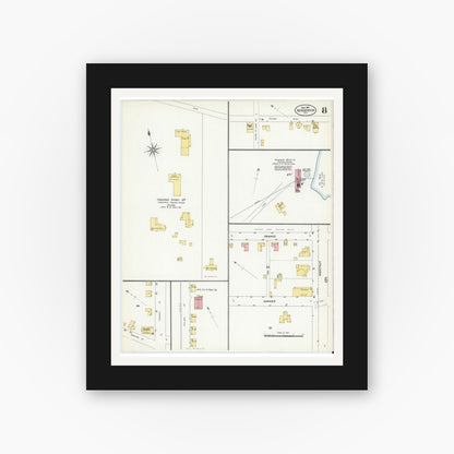 Old map wall art mockup — black gallery frame with white mat — Sanborn Fire Insurance Map from Henderson, Vance County, North Carolina (1907), Sheet #0008