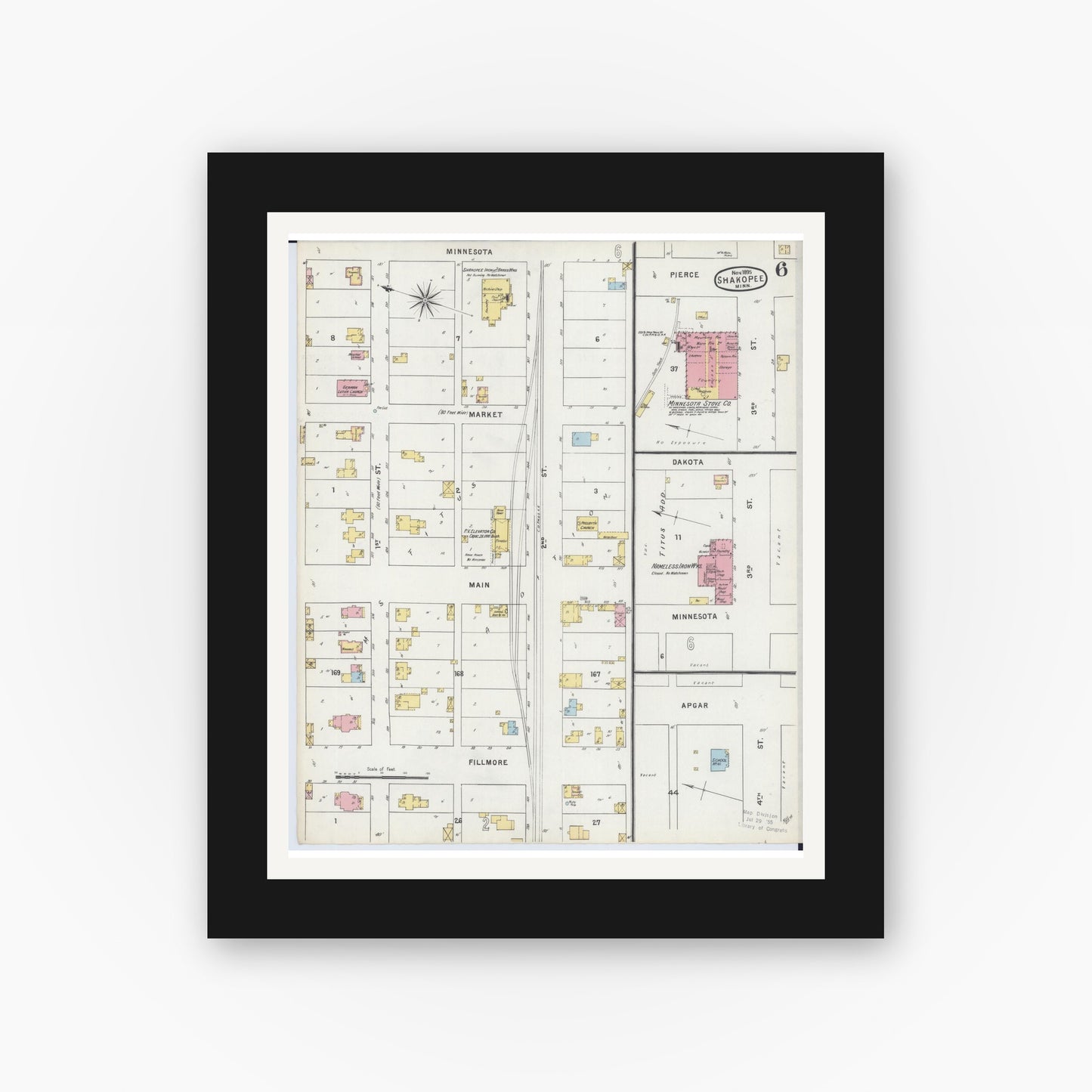 Old map wall art mockup — black gallery frame with white mat — Sanborn Fire Insurance Map from Shakopee, Scott County, Minnesota (1895), Sheet #0006