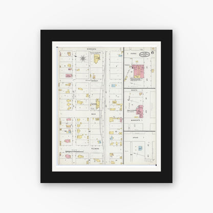 Old map wall art mockup — black gallery frame with white mat — Sanborn Fire Insurance Map from Shakopee, Scott County, Minnesota (1895), Sheet #0006