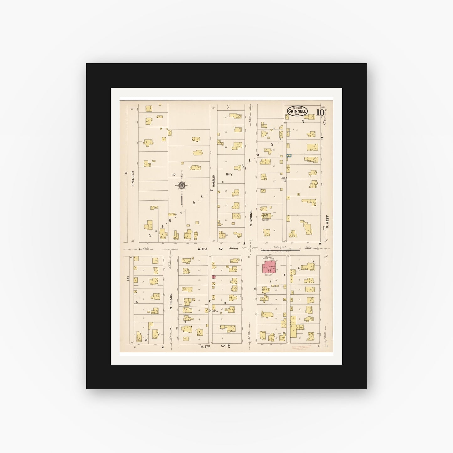 Old map wall art mockup — black gallery frame with white mat — Sanborn Fire Insurance Map from Grinnell, Poweshiek County, Iowa (1922), Sheet #0010