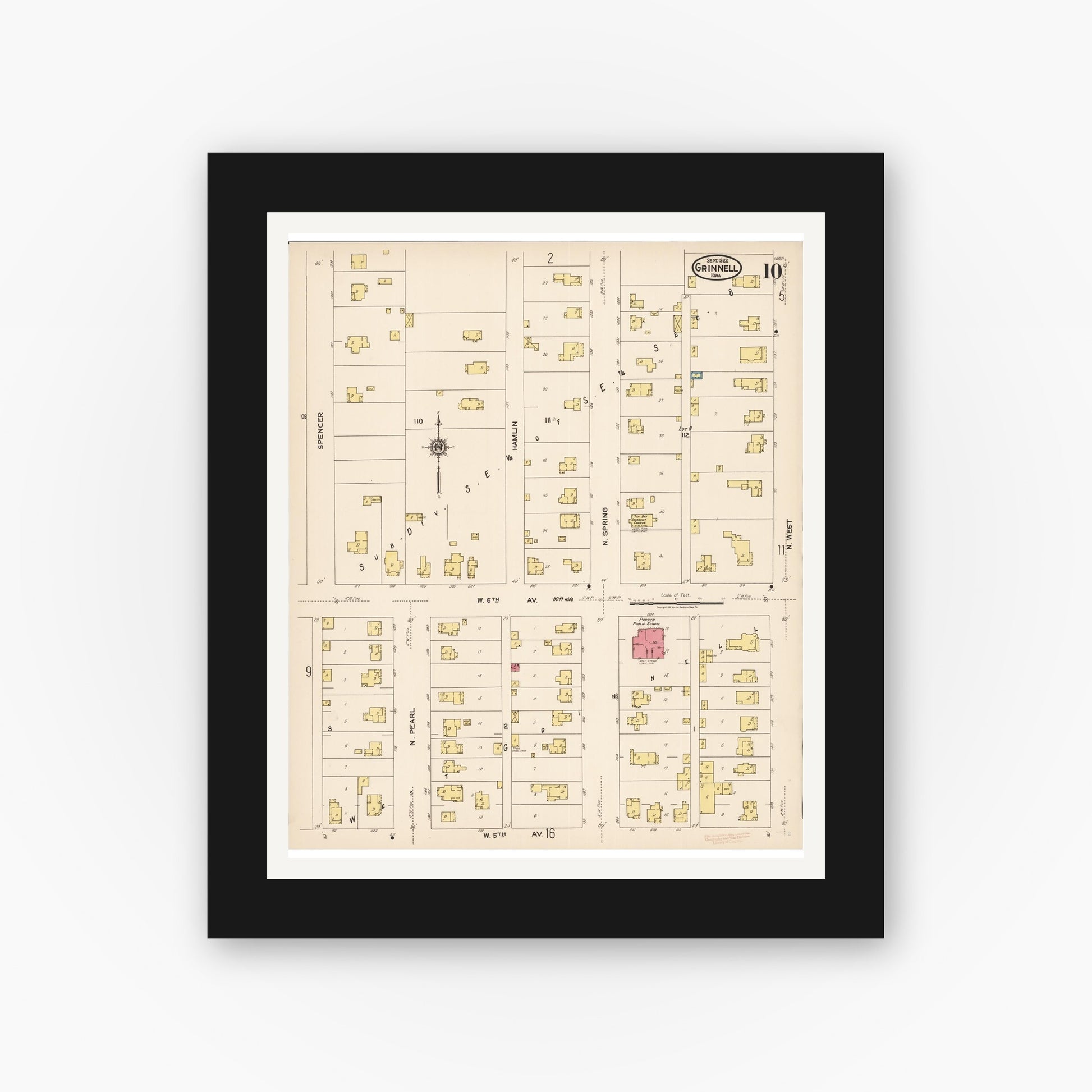 Old map wall art mockup — black gallery frame with white mat — Sanborn Fire Insurance Map from Grinnell, Poweshiek County, Iowa (1922), Sheet #0010