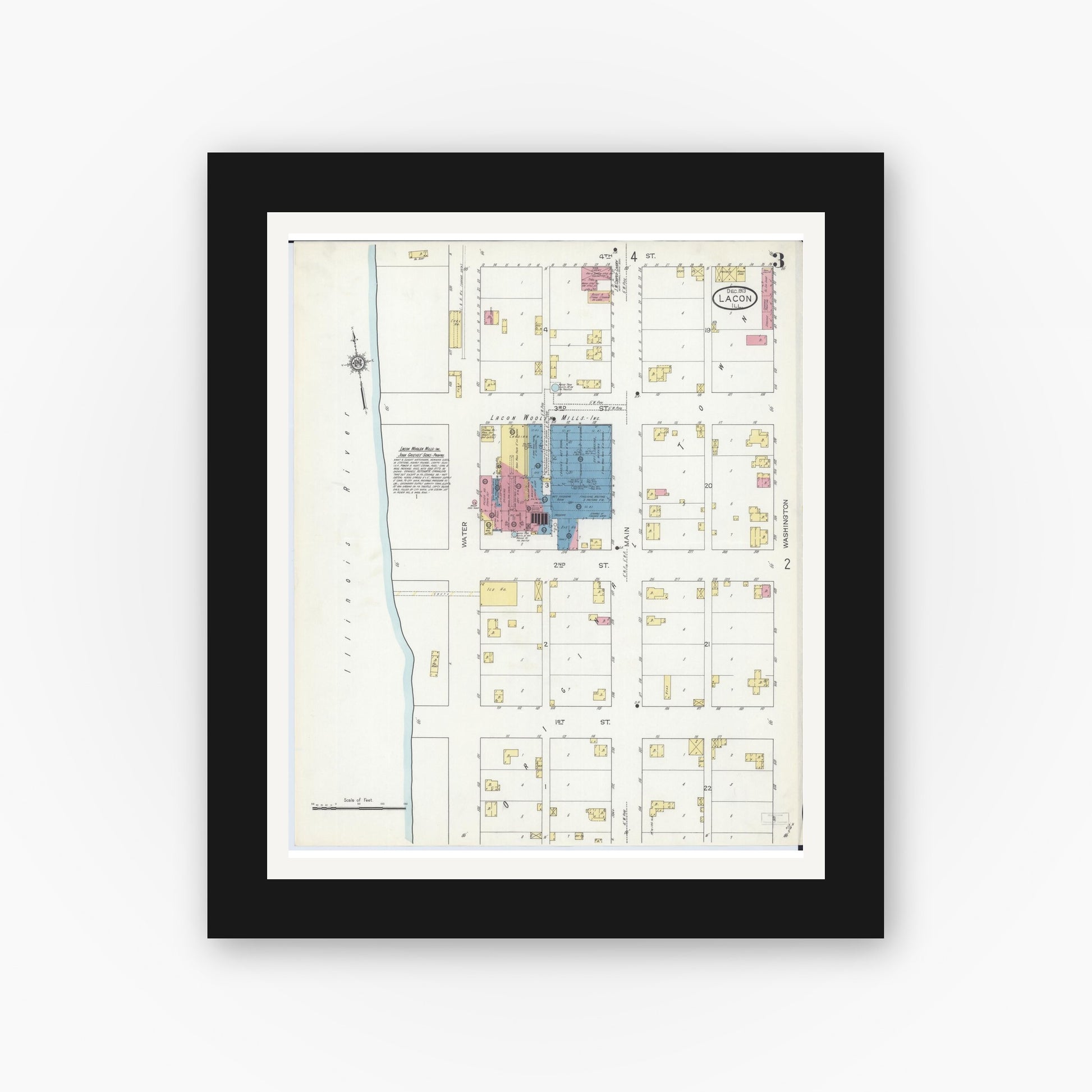 Old map wall art mockup — black gallery frame with white mat — Sanborn Fire Insurance Map from Lacon, Marshall County, Illinois (1913), Sheet #0003