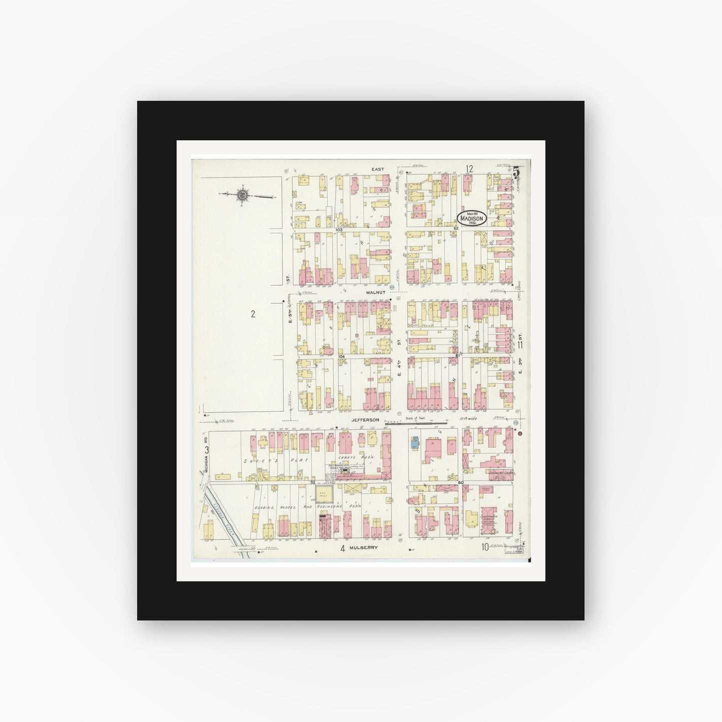Old map wall art mockup — black gallery frame with white mat — Sanborn Fire Insurance Map from Madison, Jefferson County, Indiana (1911), Sheet #0005