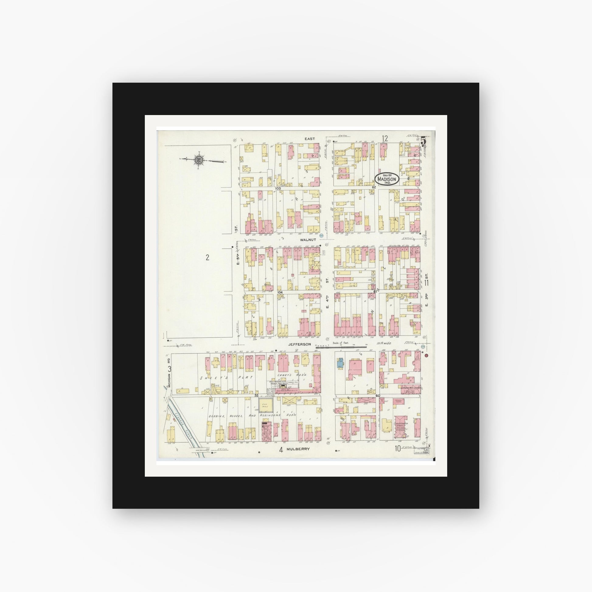 Old map wall art mockup — black gallery frame with white mat — Sanborn Fire Insurance Map from Madison, Jefferson County, Indiana (1911), Sheet #0005