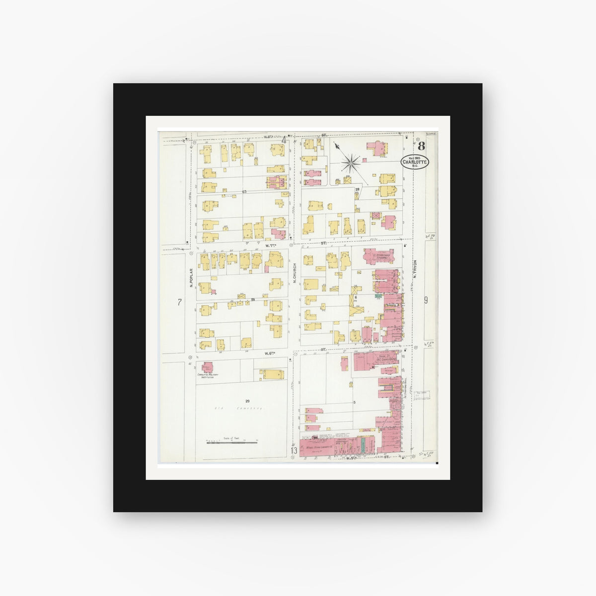 Old map wall art mockup — black gallery frame with white mat — Sanborn Fire Insurance Map from Charlotte, Mecklenburg County, North Carolina (1905), Sheet #0008
