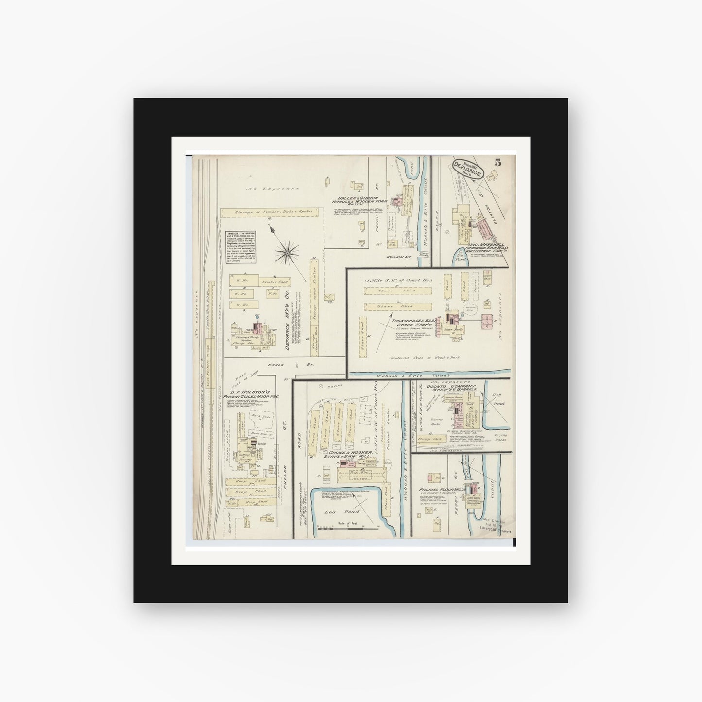 Old map wall art mockup — black gallery frame with white mat — Sanborn Fire Insurance Map from Defiance, Defiance County, Ohio (1884), Sheet #0005
