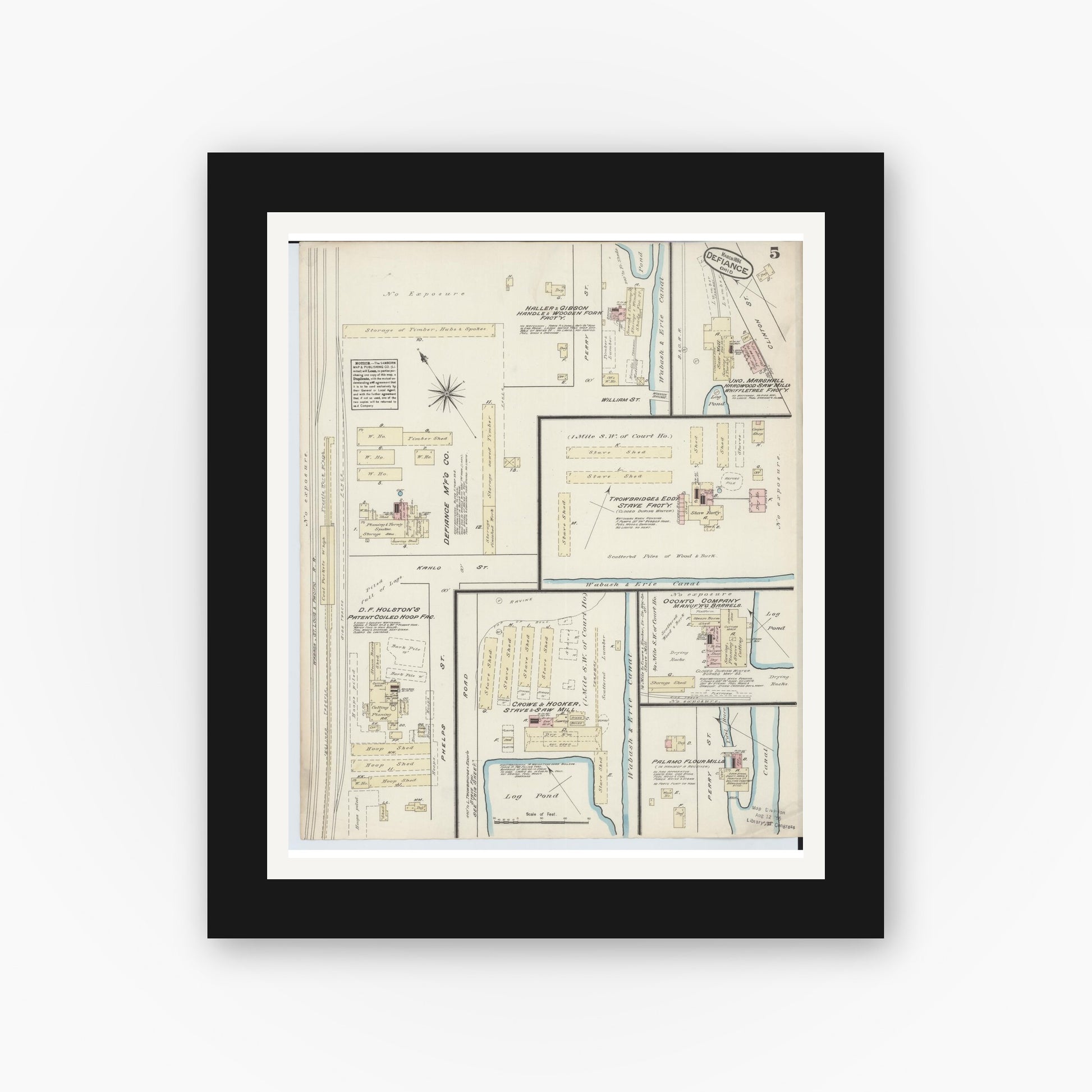 Old map wall art mockup — black gallery frame with white mat — Sanborn Fire Insurance Map from Defiance, Defiance County, Ohio (1884), Sheet #0005