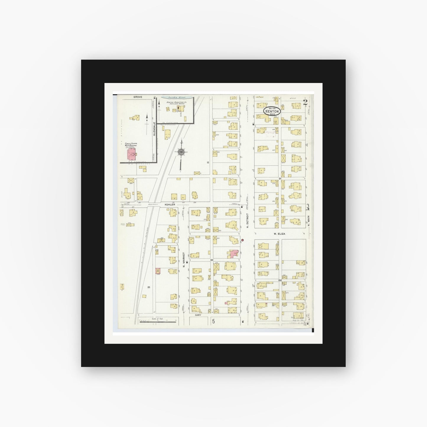 Old map wall art mockup — black gallery frame with white mat — Sanborn Fire Insurance Map from Kenton, Hardin County, Ohio (1911), Sheet #0002