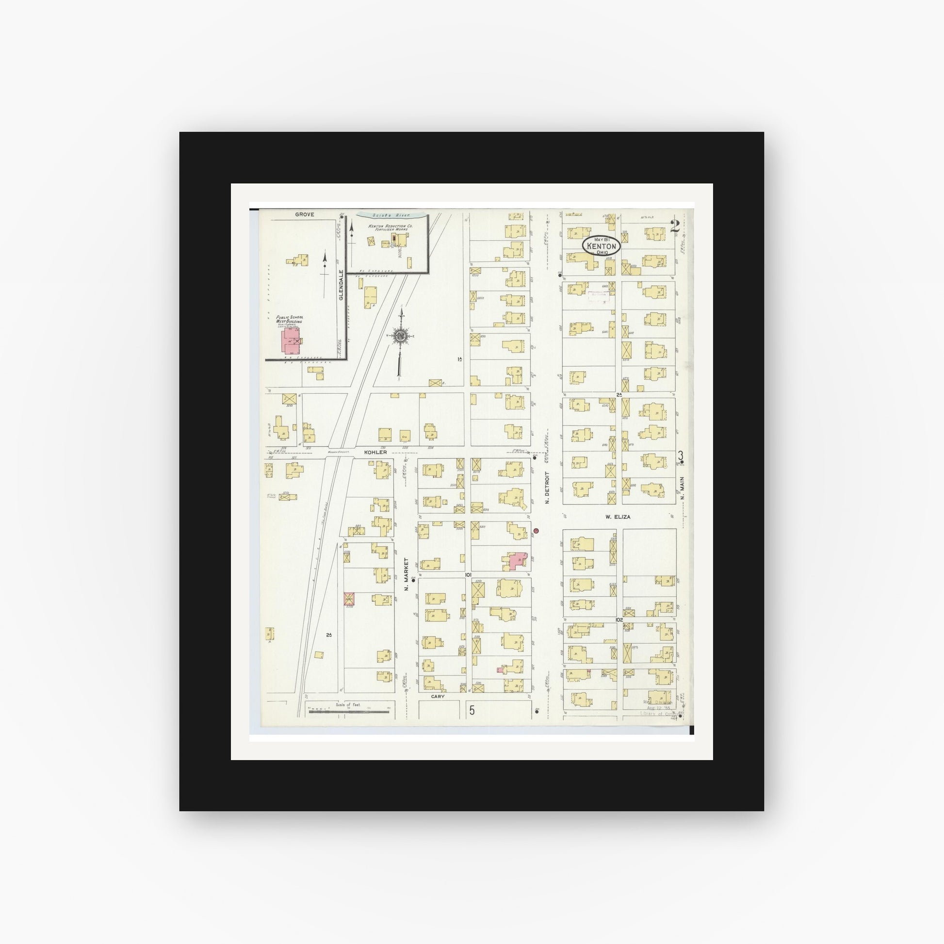 Old map wall art mockup — black gallery frame with white mat — Sanborn Fire Insurance Map from Kenton, Hardin County, Ohio (1911), Sheet #0002