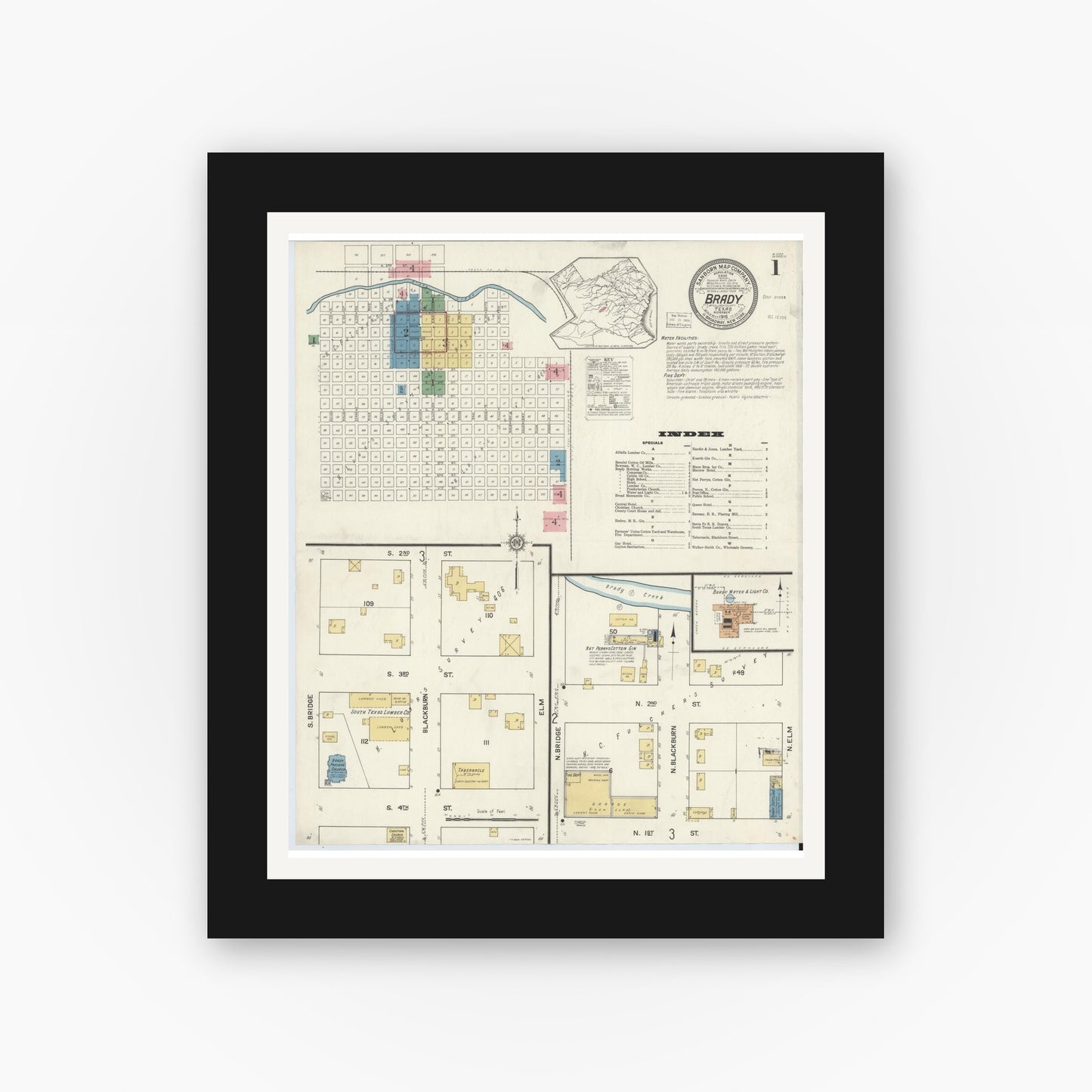 Old map wall art mockup — black gallery frame with white mat — Sanborn Fire Insurance Map from Brady, McCulloch County, Texas (1916), Sheet #0001
